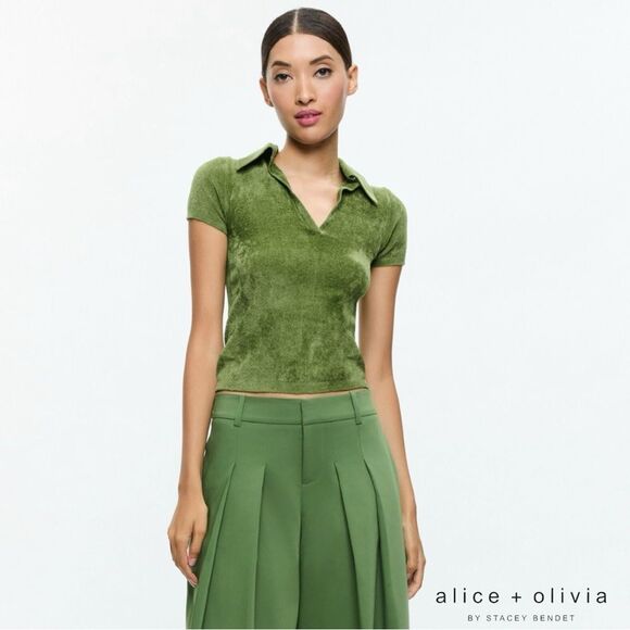 Alice + Olivia **NWT** Martha Crop Terry Cloth Polo Shirt Avocado Green - Picture 3 of 8
